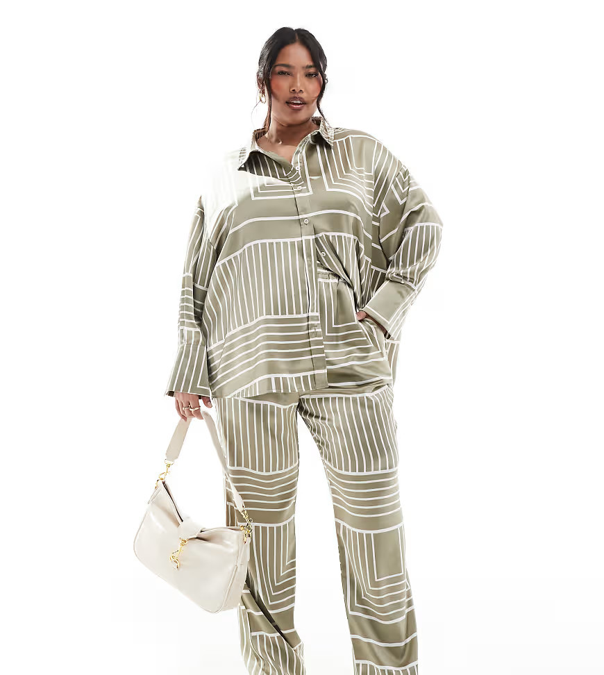 4th & Reckless Plus satin wide leg trousers co-ord in sage tile print-Multi | ASOS (Global)