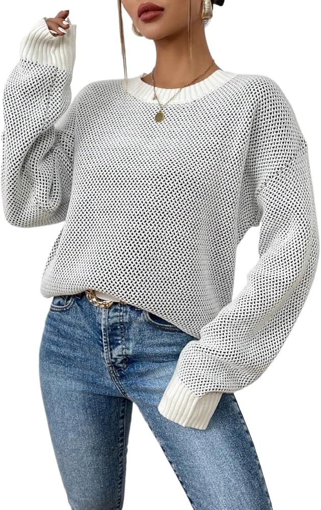 Women's Pullover Lightweight Sweater Round Neck Long Sleeve Contrast Trim Drop Shoulder Sweater | Amazon (US)