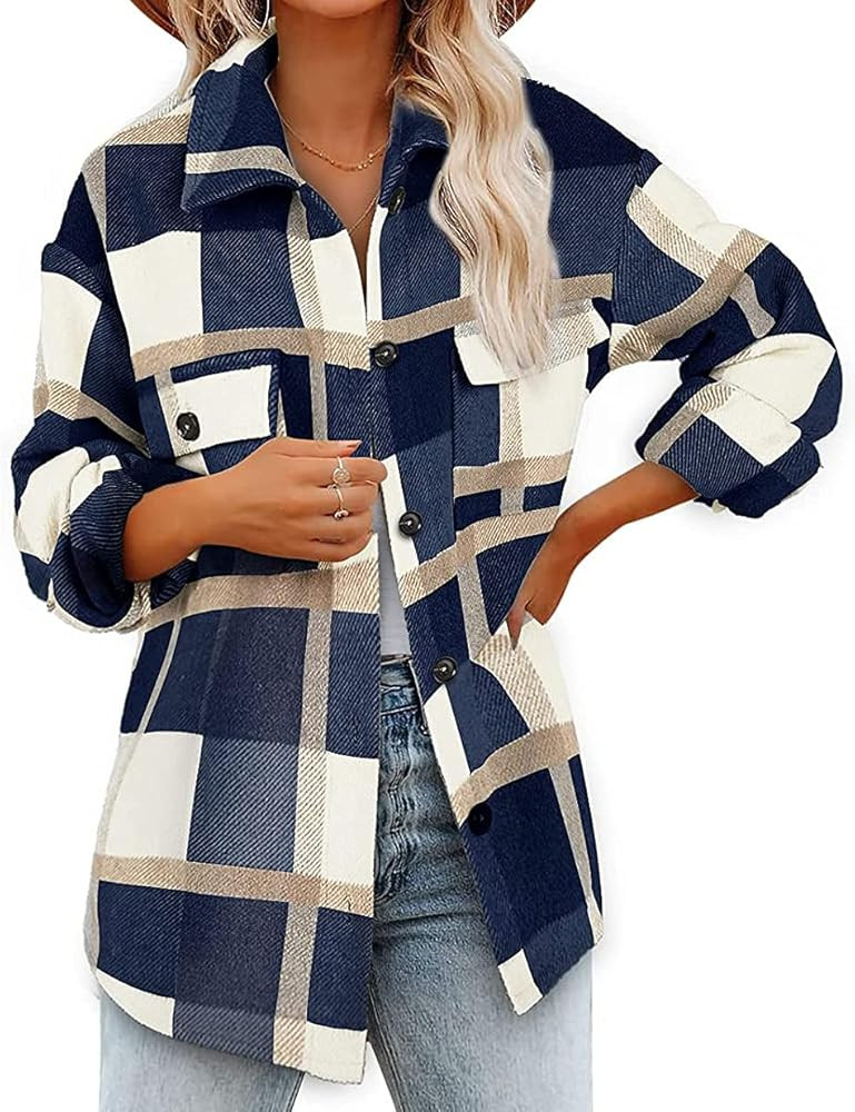 AUTIWITUA Women's Brushed Plaid Shirts Long Sleeve Casual Flannel Lapel Button Down Pocketed Shacket | Amazon (US)