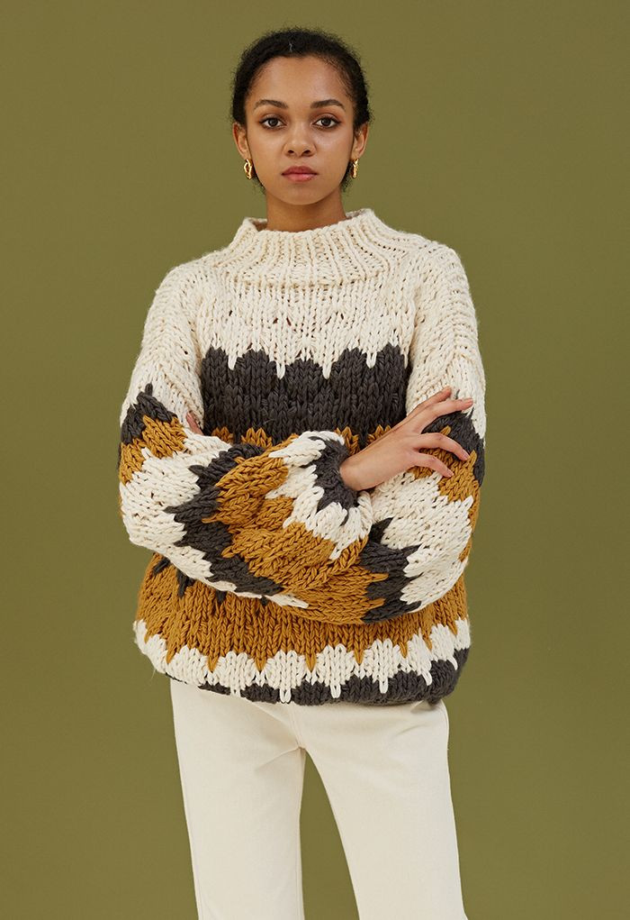 Color Blocked High Neck Hand-Knit Chunky Sweater in Smoke | Chicwish