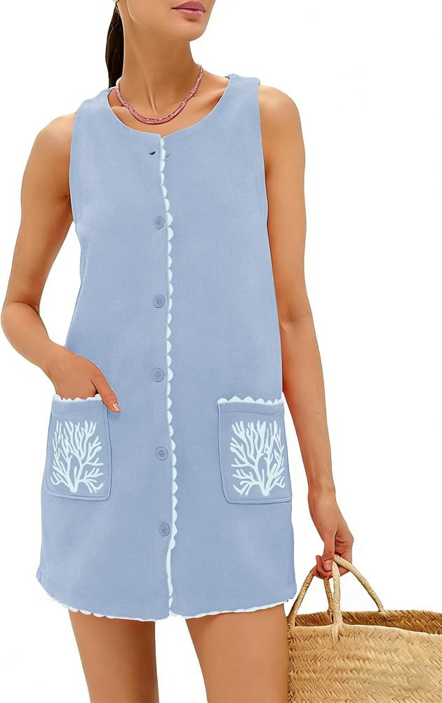 Sleeveless Mini Dress for Women Faux Suede Soft Cover Up with Button Front Summer Casual Embroide... | Amazon (US)