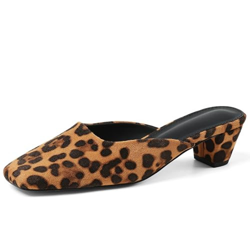 Yremael Women's Leopard Mules Chunky Kitten Heels Closed Square Toe Slip On Slingback Casual Dress Shoes | Amazon (US)