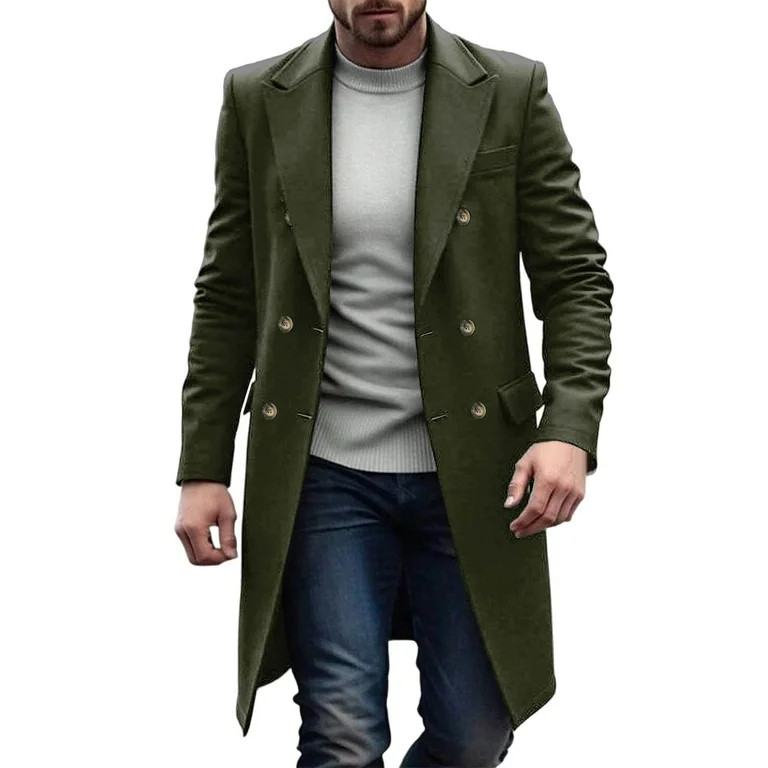 ZCFZJW Men's Casual Trench Coat Slim Fit Notched Collar Long Jacket Overcoat Double Breasted Thic... | Walmart (US)