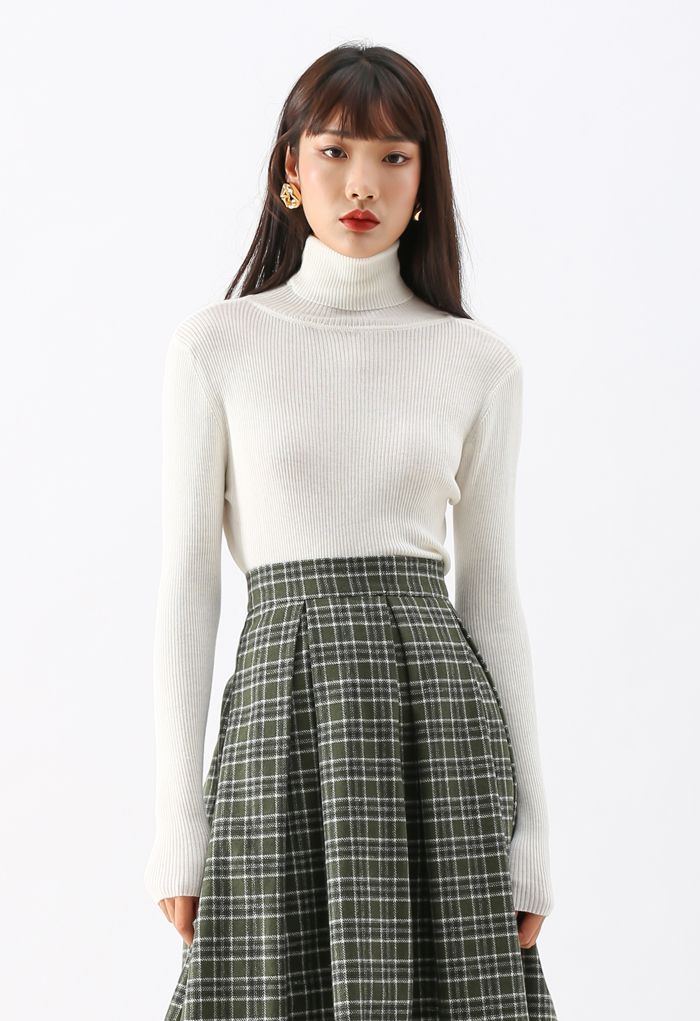Turtleneck Ribbed Fitted Knit Top in White | Chicwish