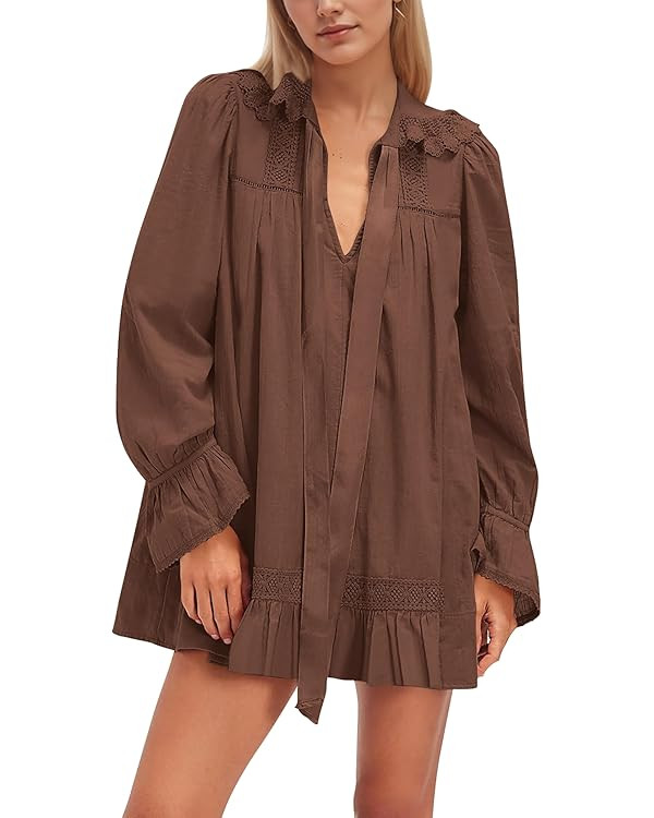 Long Sleeve Babydoll Dresses Women Fall V Neck Lace Trim Mini Dress Flowy Puff Sleeve Tie Front A... | Amazon (US)