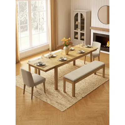 Logan Upholstered Beige Dining Chair Set Of 2 And 64" Bench, Modern Farmhouse Solid Wood 5 Piece 91" Extendable Dining Table Set For Dining Room Kitch | Wayfair North America