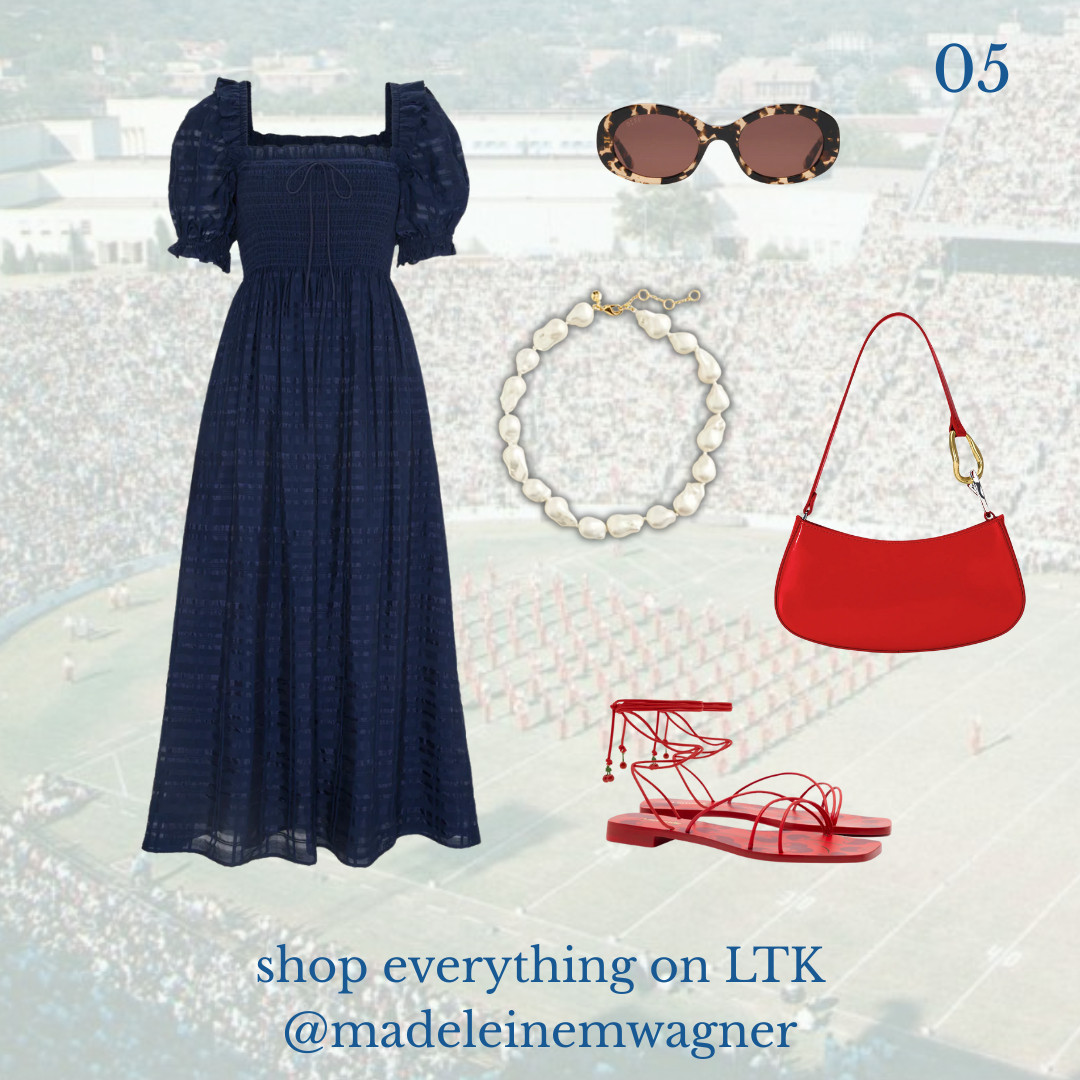 SMU boulevard style guide 05 | navy nap dress, Hill House dress, red Larroude sandals, pearl statement necklace, red Staud shoulder bag, classic gameday outfit, chic southern style, SMU football outfit, fall gameday fashion, preppy tailgate outfit, red white and blue look, feminine gameday dress, college game day style, timeless gameday outfit, elevated tailgate look 

 #LTKSeasonal #LTKFindsUnder100 #LTKStyleTip