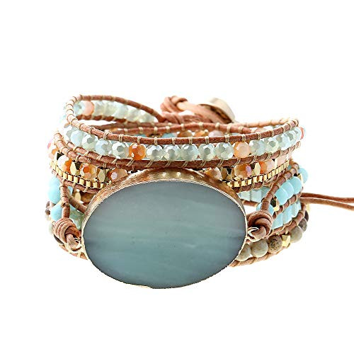 Amazon.com: Plumiss Handmade Leather Wrap Natural Amazonite Druzy Bead Crystal Stone Bracelets fo... | Amazon (US)