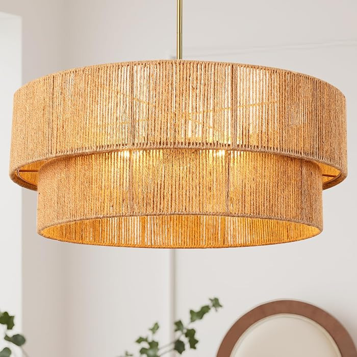 23.6'' Boho Rattan Chandelier Hand Woven Chandelier Light Fixture 3-Light Farmhouse Drum Pendant ... | Amazon (US)