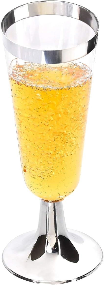 I00000 50 Pack Plastic Champagne Flutes with Silver Rim, Disposable Champagne Glasses 5 Oz, Perfe... | Amazon (US)