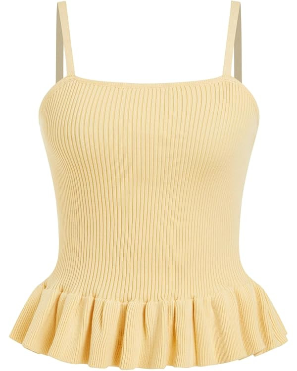 CIDER Striped Crop Tank Tops for Women Sleeveless Square Neck Ruffle Knit Peplum Tops Summer Vaca... | Amazon (US)