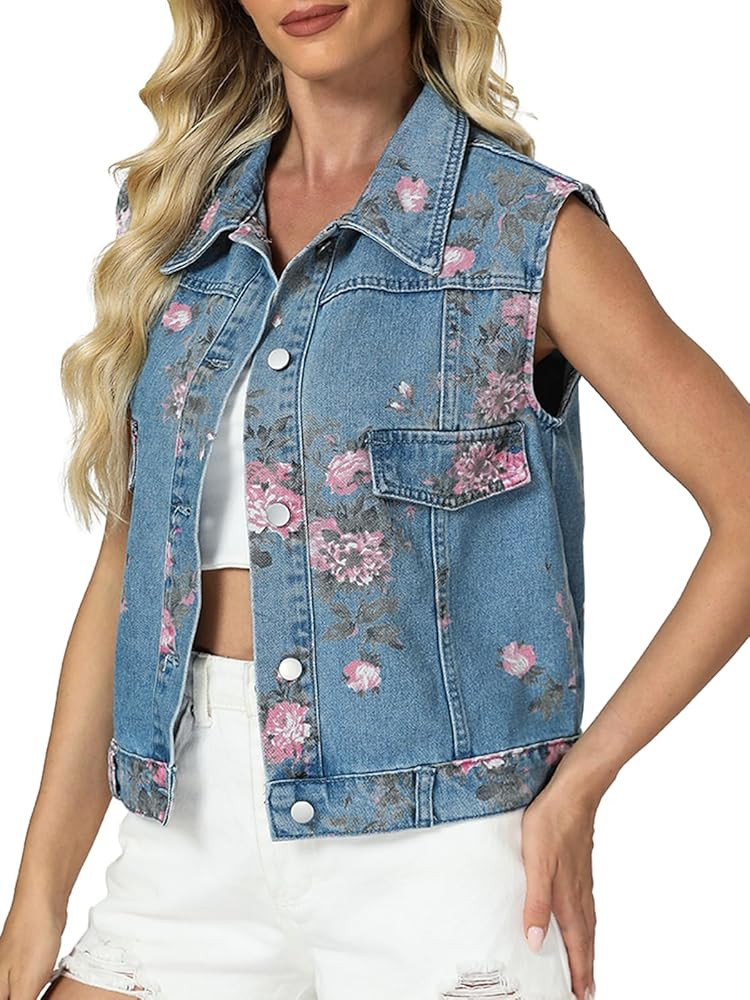 LifeShe Denim Vest Women Sleeveless Casual Floral Printed Jean Waistcoat Jacket | Amazon (US)