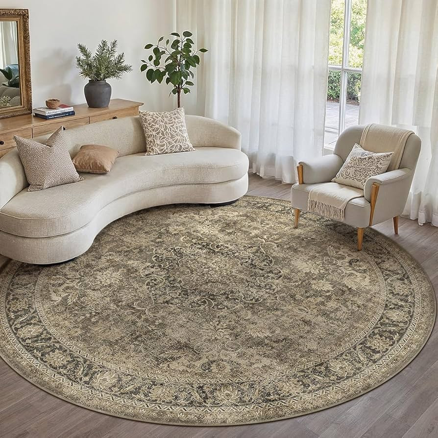 8x8 Washable Brown Round Rug Vintage Living Room Bedroom Circle Rug Non-Slip Soft Low Pile Distre... | Amazon (US)