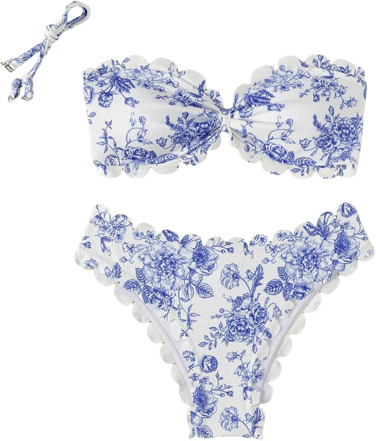 SHENHE Women's 2 Piece Bandeau Bikini Sets Floral Print Scalloped Boho Strapless Swimsuits | Amazon (US)