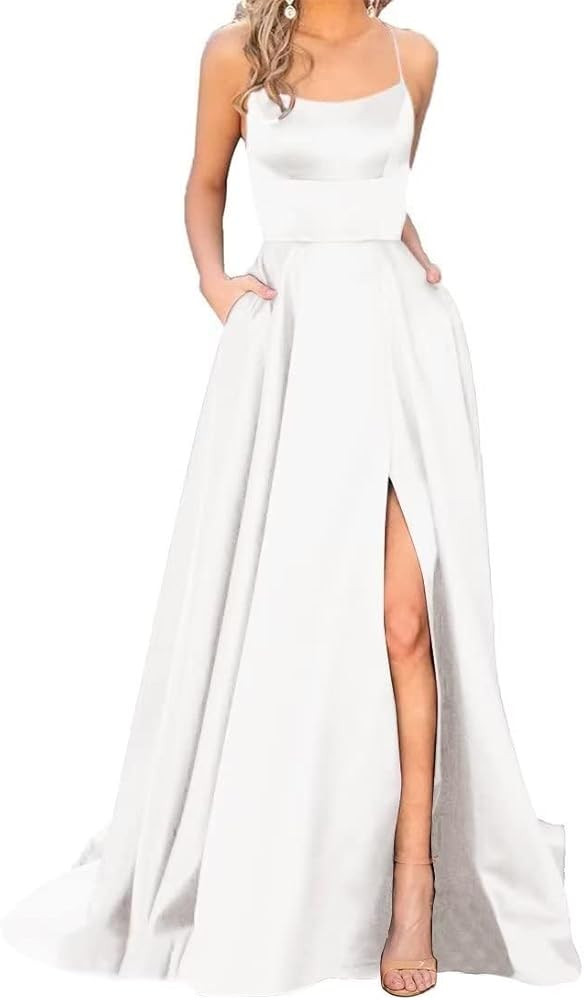 JASY Women's Spaghetti Satin Long Side Slit Prom Dresses with Pockets | Amazon (US)