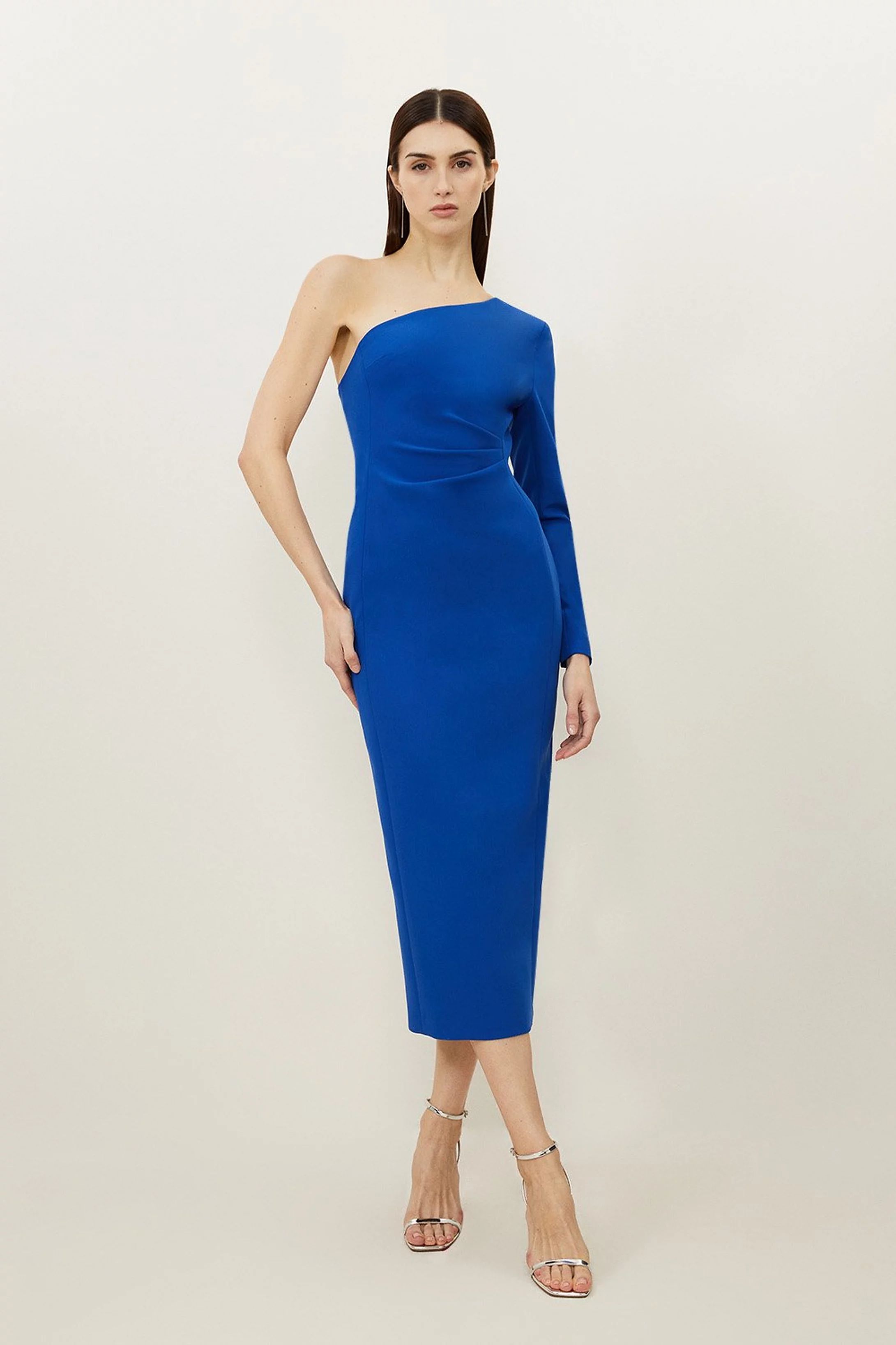 Clean Tailored One Shoulder Ruched Waist Midi Dress | Karen Millen UK + IE + DE + NL