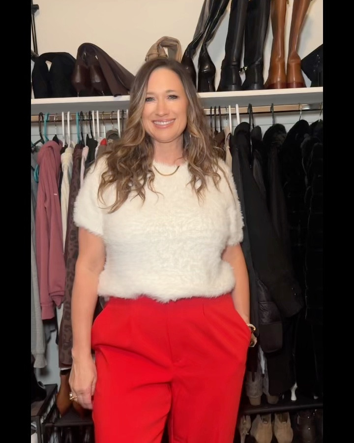 Perfect for the office or dinner plans! Wearing a large in fuzzy top and red pants, large in faux leather skirt. Large in coat. 

#LTKOver40 #LTKWorkwear #LTKMidsize