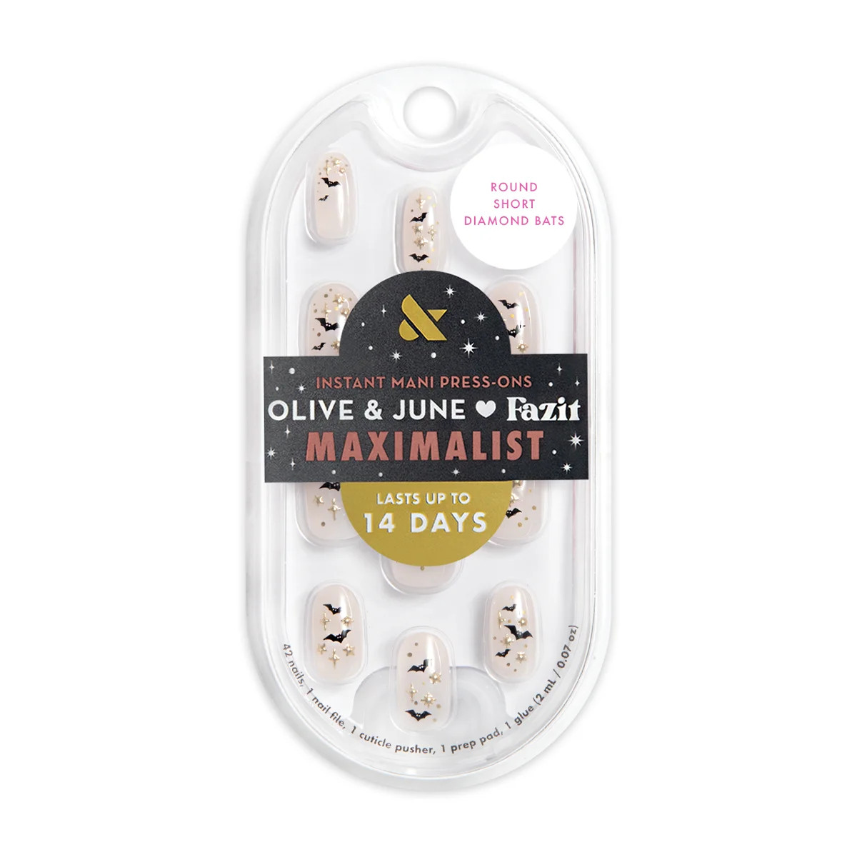 Olive & June + Fazit Instant Mani Maximalist Short Round Press-on Nails, Diamond Bats, 42 Pieces | Walmart (US)