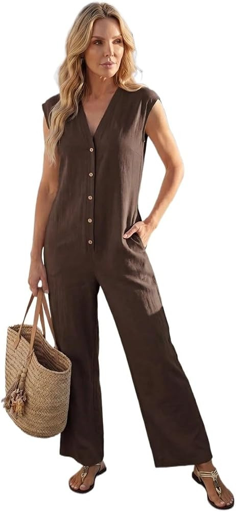 Loose Long Rompers For Women V-Neck Button Casual Short Sleeve Jumpsuit | Amazon (US)