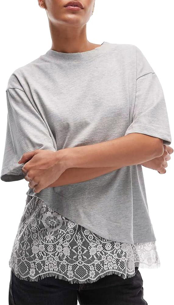 Women\u2019s Lace Patchwork T Shirt Oversized Short Sleeve Crewneck Tee Summer Casual Drop Should... | Amazon (US)