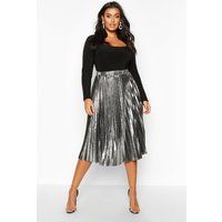 Womens Plus Metallic Pleated Midi Skirt - Grey - 20, Grey | Boohoo.com (UK & IE)