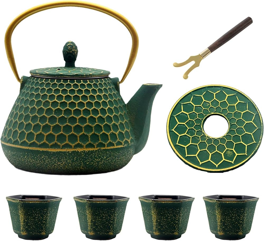 Cast Iron Tea Kettle Set, 33.8oz Hexagon Pattern Teapot Set with Cups, Teapot Coated with Enamele... | Amazon (US)