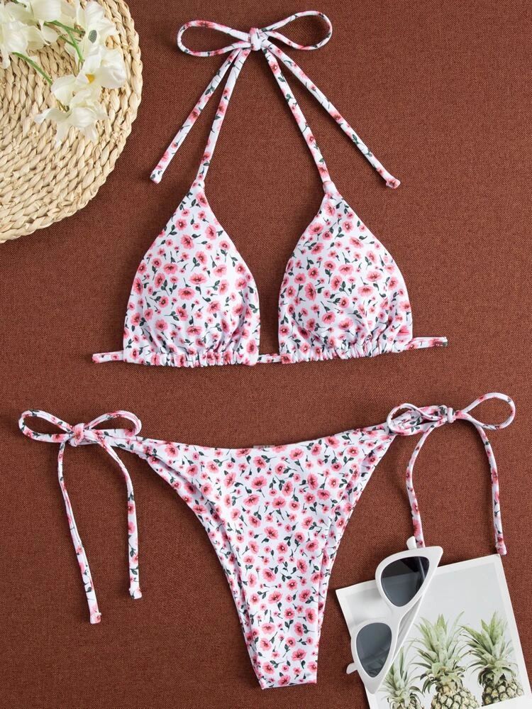 Ditsy Floral Triangle Tie Side Bikini Swimsuit | SHEIN