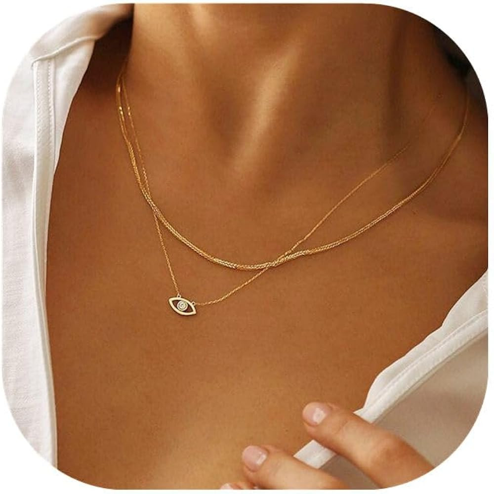 Evil Eye Necklace for Women, 14K Gold Plated Delicate Jewelry Evil Eye Necklace Blue White CZ Dia... | Amazon (US)