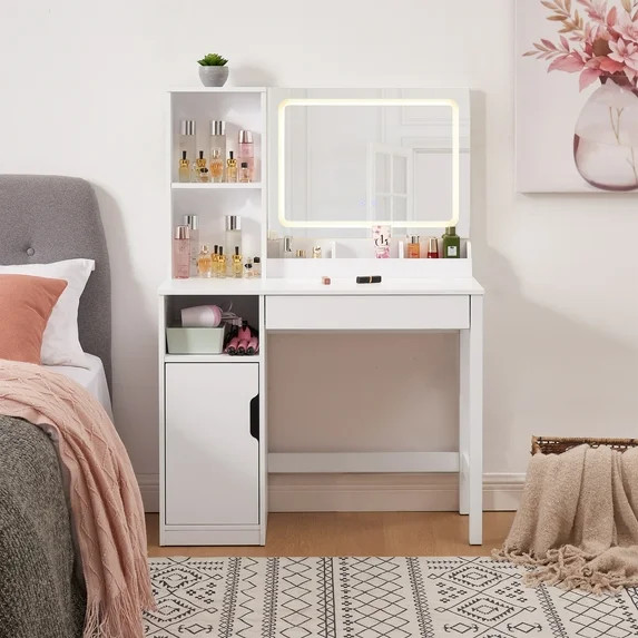 Mainstays Get Ready with Me GRWM Left Vanity Table with Lighted Mirror and Storage, White Finish | Walmart (US)