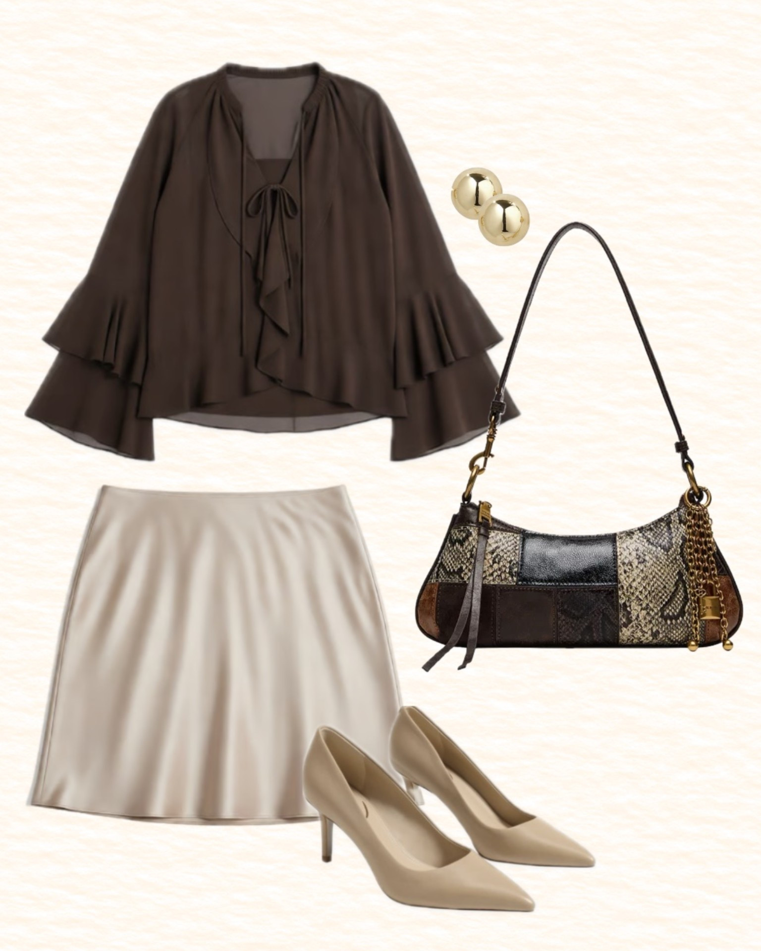 Fall outfit or summer to fall transition look. Satin skirt with ruffle long sleeve top, neutral heels, and a great bag.

#LTKootd #LTKWorkwear #LTKSaleAlert