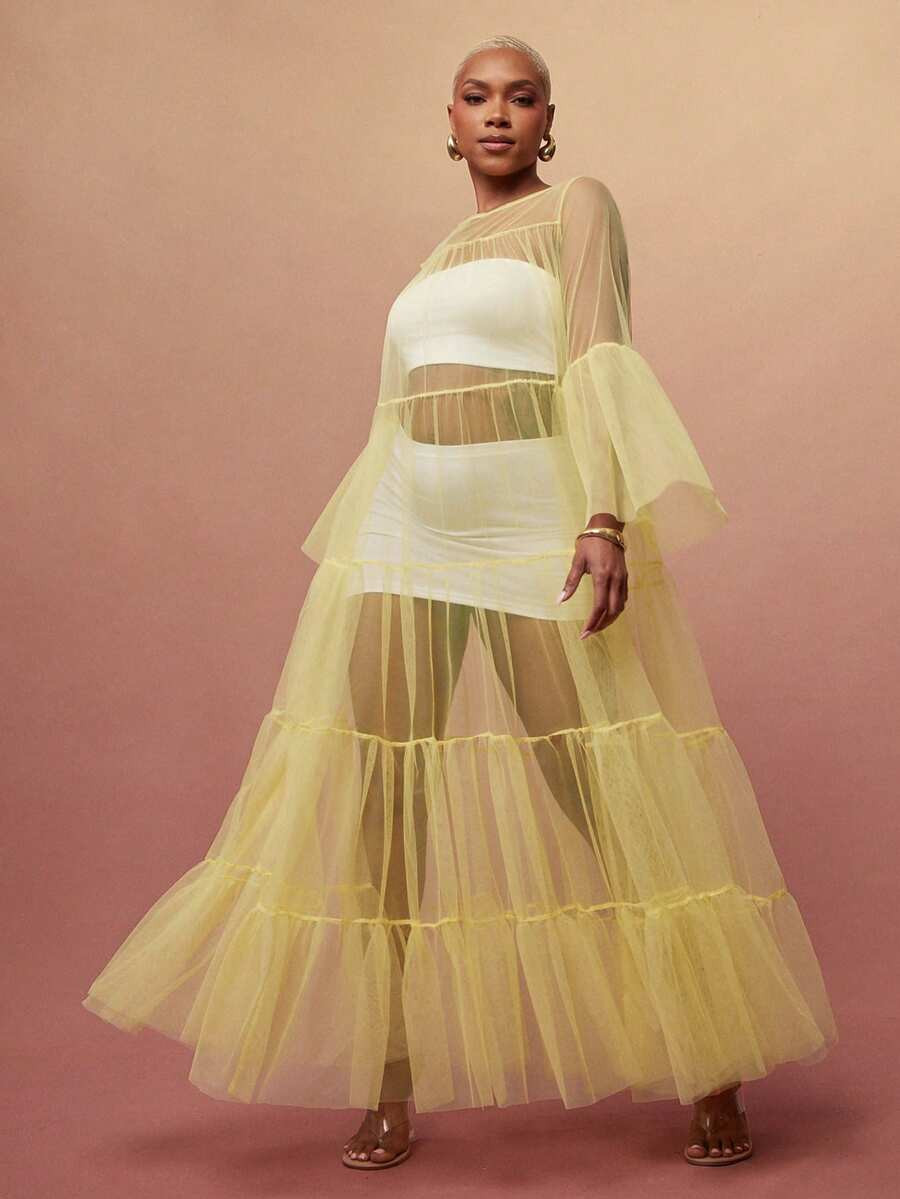 Vixey Sheer Mesh Bell Sleeve Tiered Flowy Layering Dress | SHEIN USA | SHEIN