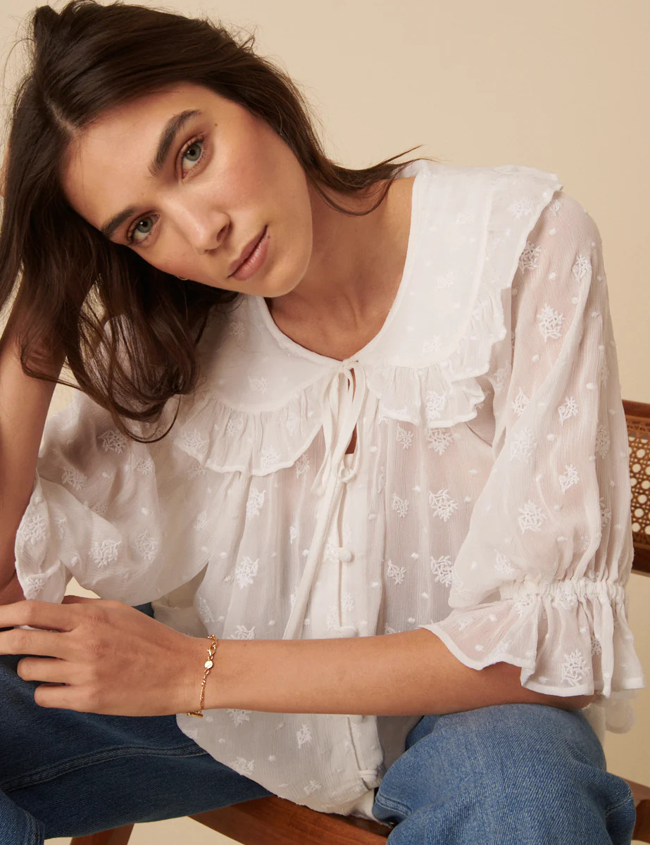 White Frill Collar Floral Embroidered Blouse | Nobody's Child