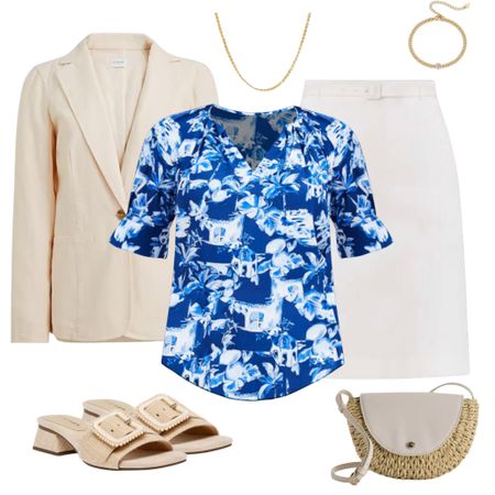Business casual outfits to wear to work or everyday if you need an elevated wardrobe! ✔️ All outfits are from the Business Casual Summer 2024 capsule wardrobe collection, which includes convenient online shopping links, 100 outfit ideas, a travel packing guide, plus more. ☀️ 

Linen blazer
Blue pattern top
White skirt
Raffia slide sandals
Straw crossbody bag