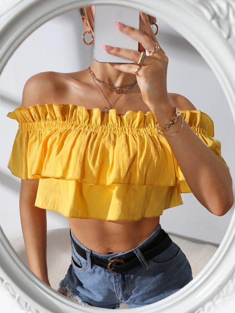Off Shoulder Ruffle Detail Crop Top | SHEIN