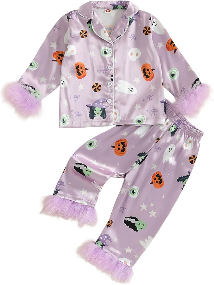 Toddler Baby Girl Halloween Pajamas Feather Satin Silk Button Down Pumpkin Pjs Outfit Nightgown J... | Amazon (US)