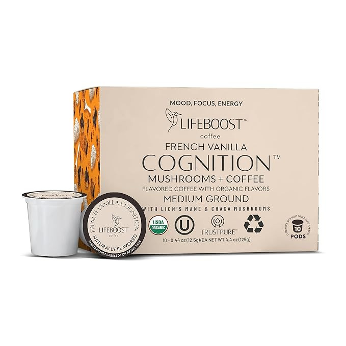 Lifeboost French Vanilla Cognition Mushroom Coffee Pods - Low Acid Organic K-Cups with Lion’s M... | Amazon (US)