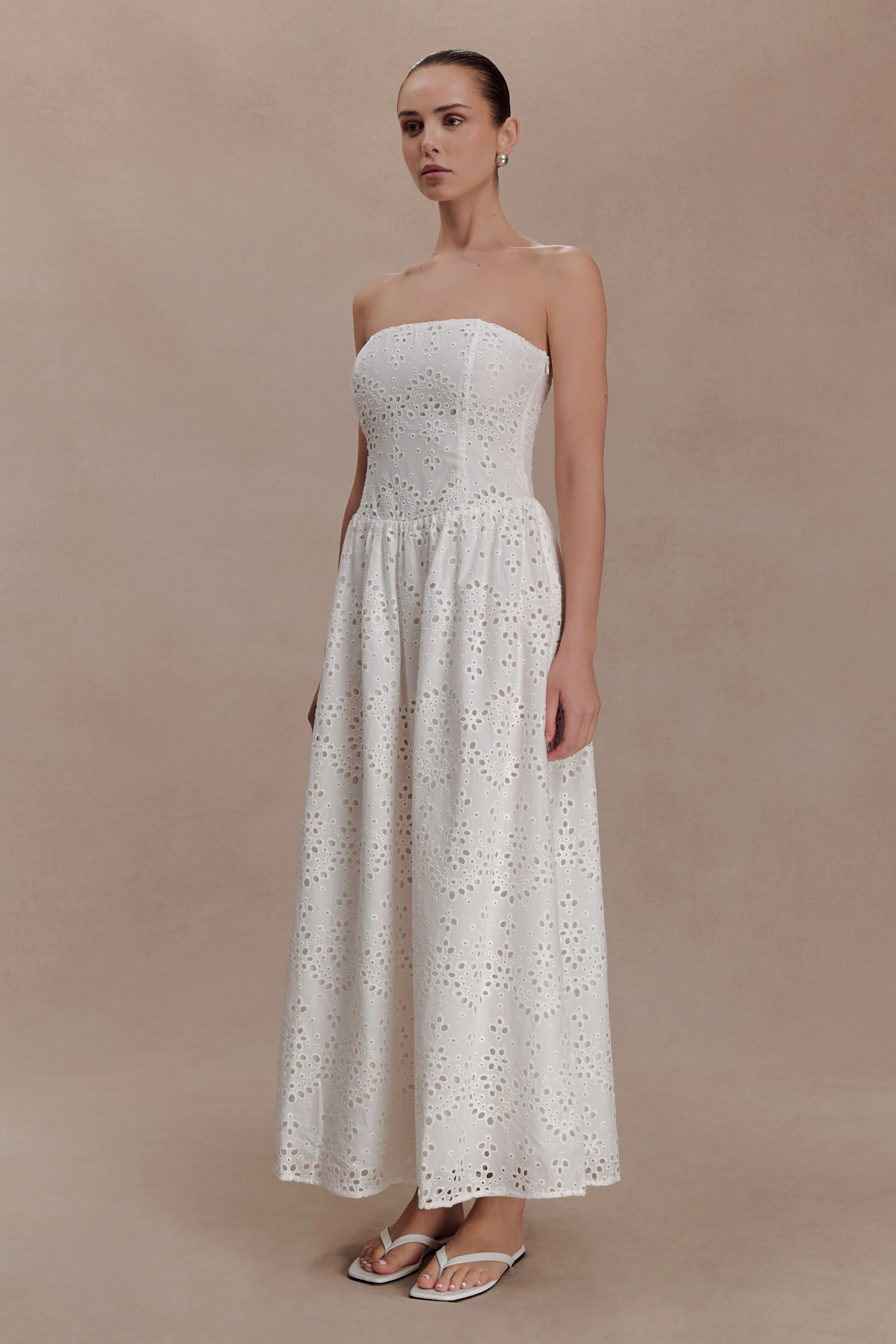 Maureen Broderie Strapless Maxi Dress - White | MESHKI US
