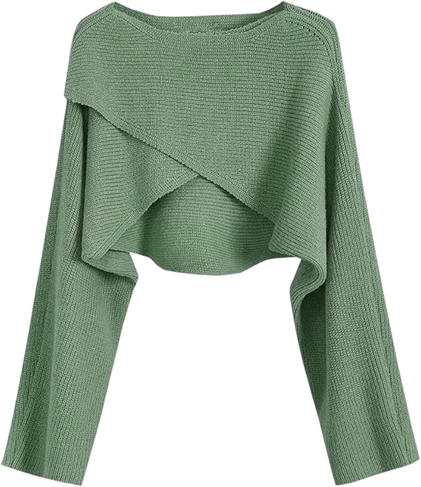 Joe Wenko Women's Boat Neck Sweater Long Sleeve Cross Wrap Asymmetrical Hem Cropped Pullover Jump... | Amazon (US)