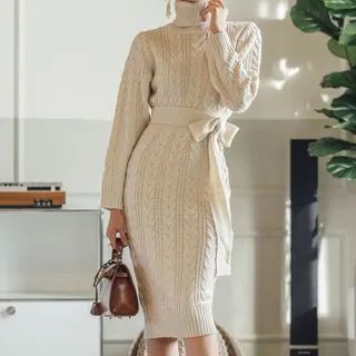 Cable Knit Turtleneck Sweater Dress Beige - One Size | YesStyle Global