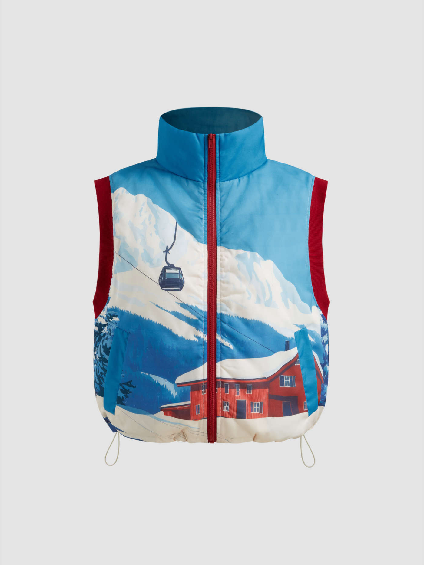 Funnel Neck Ski Print Drawstring Oversized Puffer Vest... | Cider