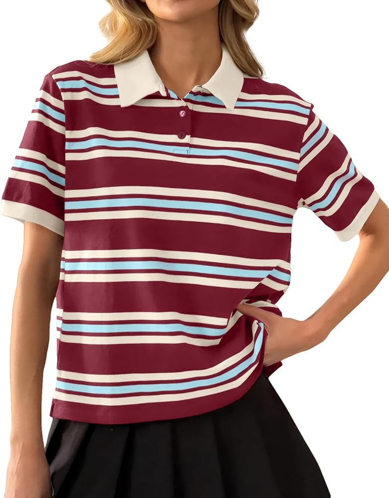 Cioatin Women Y2K Striped Colorblock Button Up Polo T-Shirt Short Sleeve Loose Fit Preppy Aesthet... | Amazon (US)