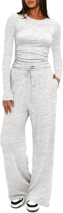 Darong Women's 2 Piece Outfits Lounge Sets 2026 Long Sleeve Tops Wide Leg Pants Casual Matching S... | Amazon (US)