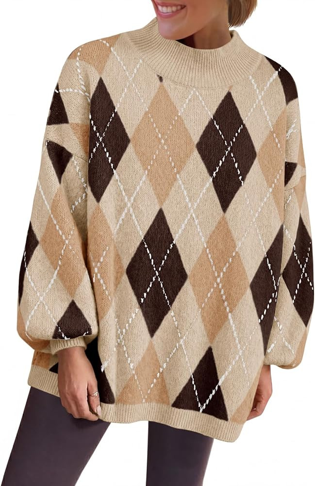Saodimallsu Womens Oversized Sweaters Argyle Fall Winter Tunic Sweater Tops | Amazon (US)