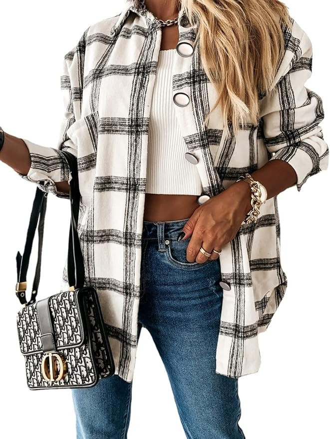 Women's Cotton Casual Shirt Flannel Comfort Top Two Pocket Long Sleeve Snap Button Shirt White Me... | Amazon (US)