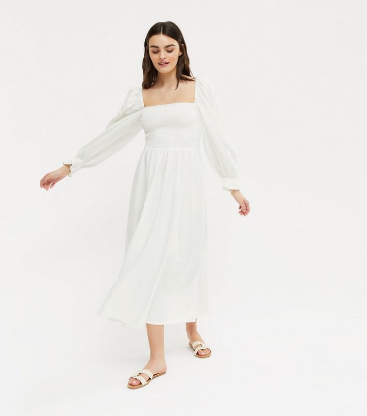 White Shirred Puff Sleeve Midi Dress 
						
						Add to Saved Items
						Remove from Saved Ite... | New Look (UK)