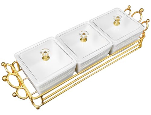 YA JU Ceramic Bowls and with Lid Gold Basket Trays, 3 Removable Small Bowls Condiment Trays Nut Serving Set for Snacks, Fruits, Candy and Condiments - Great for Parties, Holiday Gifts, White | Amazon (US)