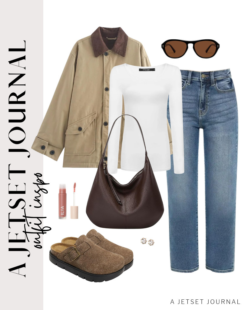 The last outfit combination is this olive utility barn jacket from GTLIAE over a white long-sleeve top from OThread & Co., paired with KDF cropped straight-leg jeans. This pair of Project Cloud platform clogs is perfect for this look, along with this slouchy shoulder bag from MOPOVO. Don’t forget these SOJOS retro-polarized aviator sunnies before heading out! 

 #LTKSeasonal #LTKSaleAlert #LTKTravel