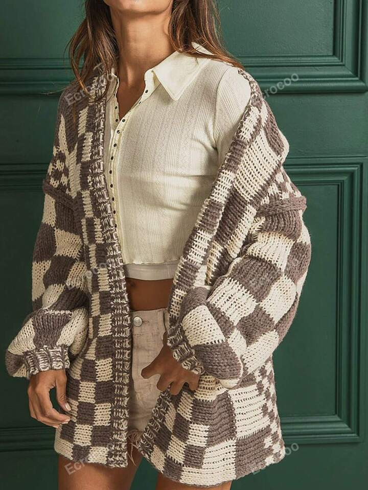 Open Front Mixed Checkered Pattern Knit Cardigan | SHEIN