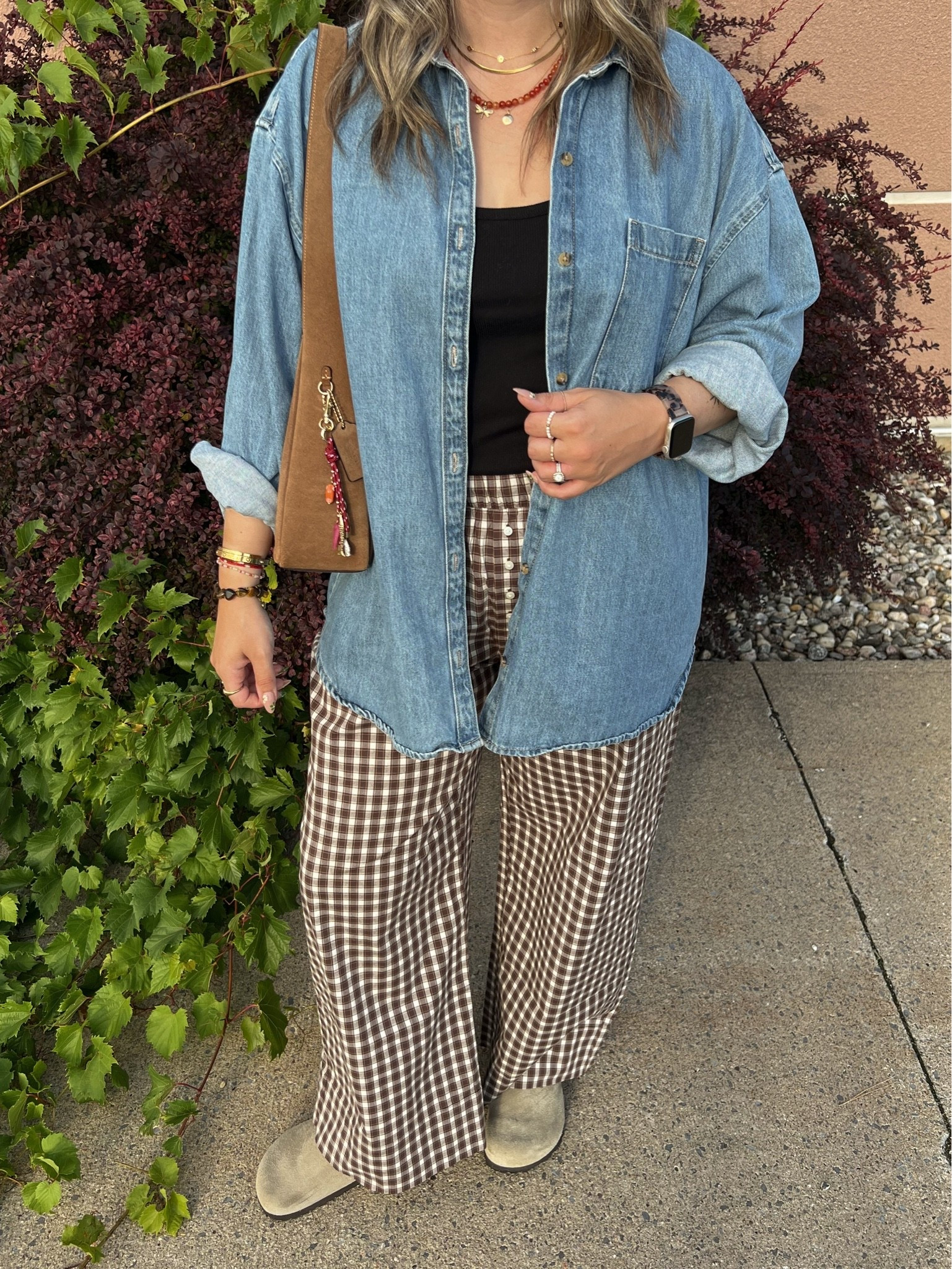 Early fall ootd! Plaid pants are so comfy & lightweight, wearing M. Wearing L in the basic black tank, should have done M. Also wearing L in the denim shirt - one of my most worn closet staples! Canadian Old Navy links are under “similar products”. I’m a 9.5-10 shoe and wear a 40 in the Birkenstock clogs

#LTKfall #LTKmidsize #LTKsale