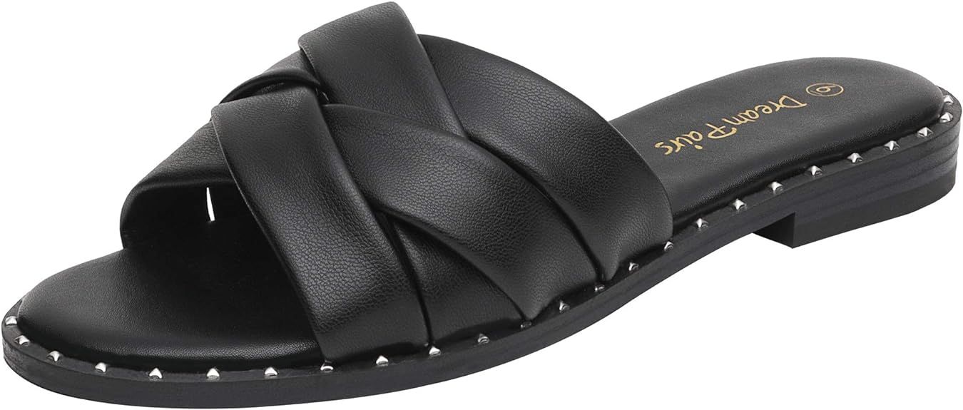 DREAM PAIRS Women' s Cute Slip On Studded Flat Slides Sandals | Amazon (US)